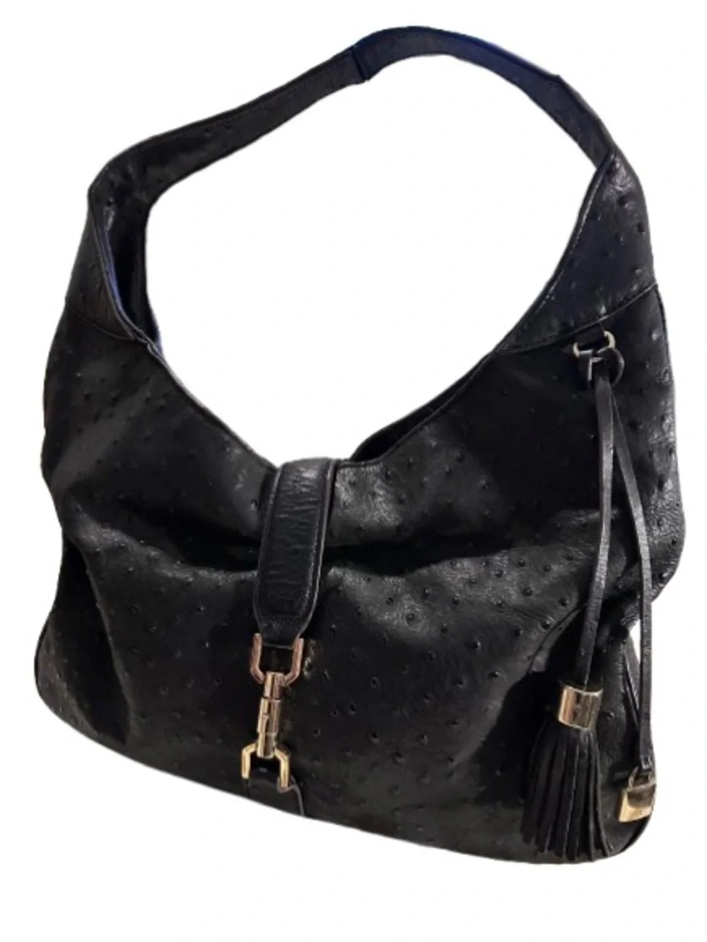 G.I.L.I. Black Ostrich-Embossed ‘Verona’ Hobo with Tassel and Gold Hardware